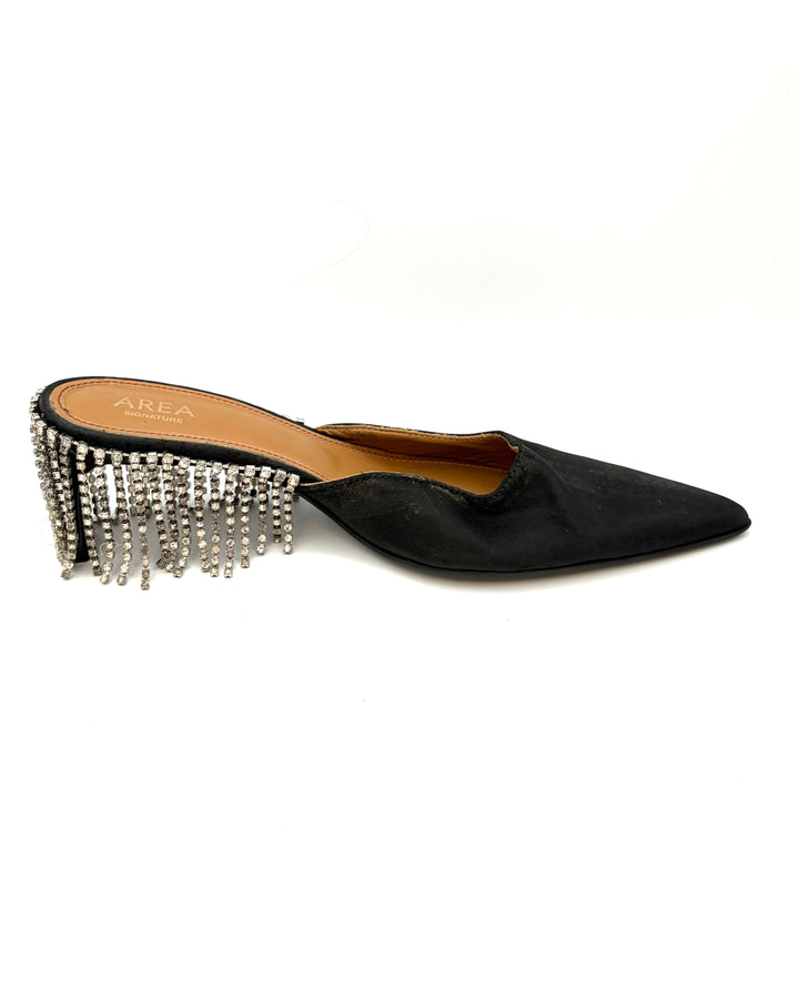 Black Satin Rhinestone Fringe Back Heels - Size 39