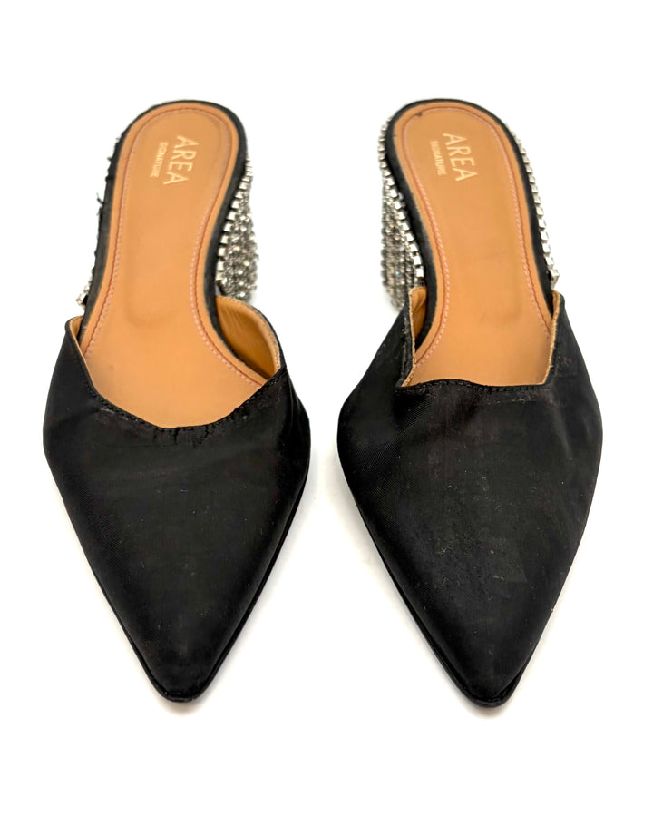 Black Satin Rhinestone Fringe Back Heels - Size 39