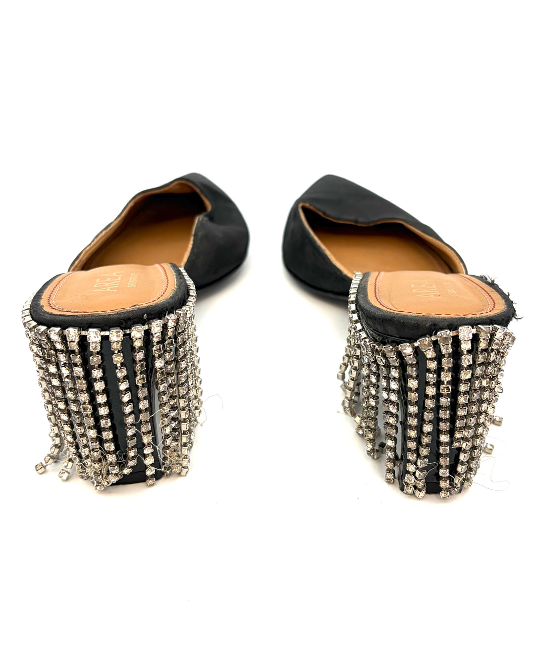 Black Satin Rhinestone Fringe Back Heels - Size 39