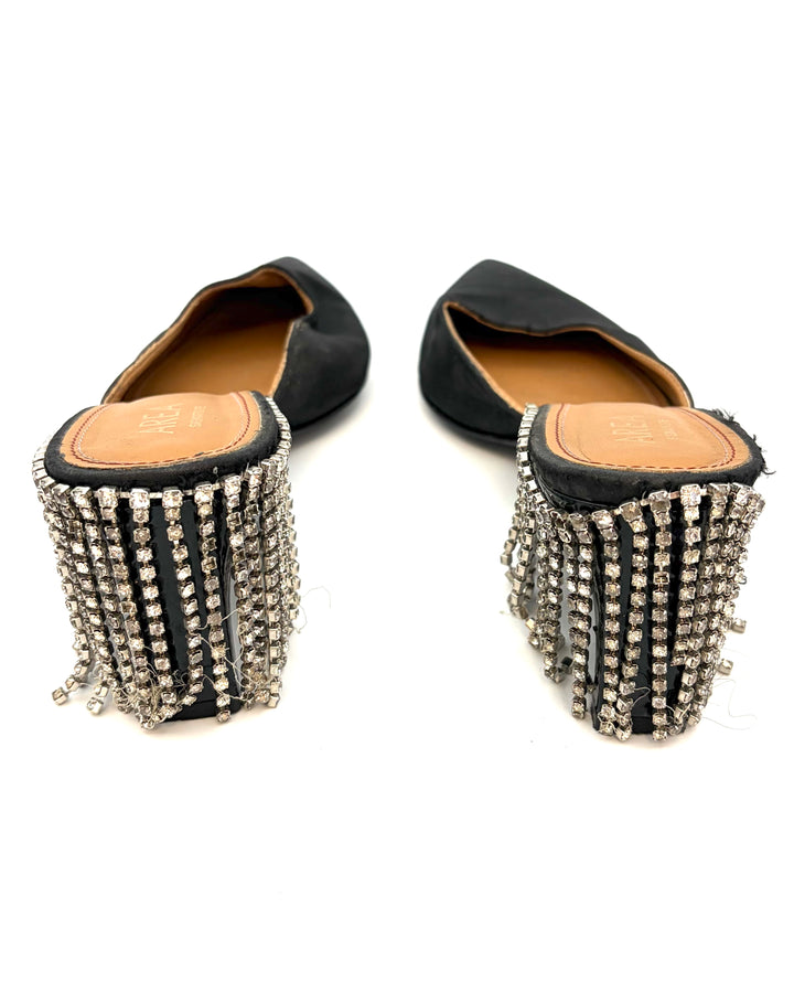 Black Satin Rhinestone Fringe Back Heels - Size 39