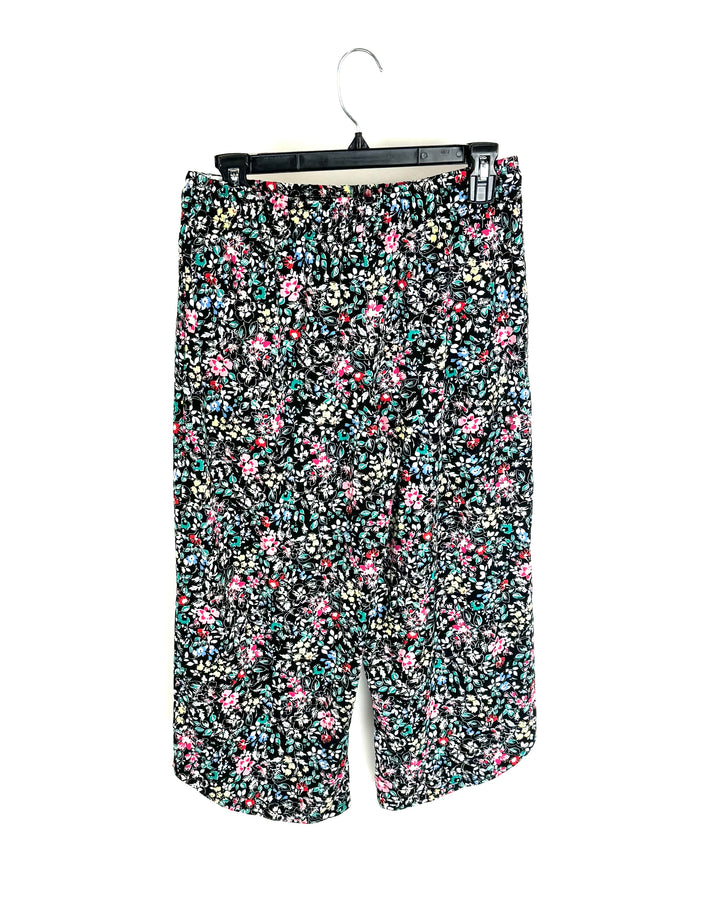 Black Floral Printed Cropped Pajama Pants - Size 4-6