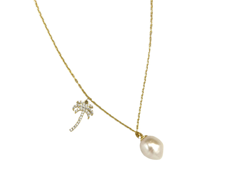 Gold Pearl and Palm Tree Necklace