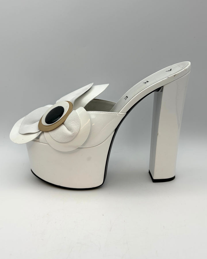 White Statement Eye & Flower Platform Heels - Size 40