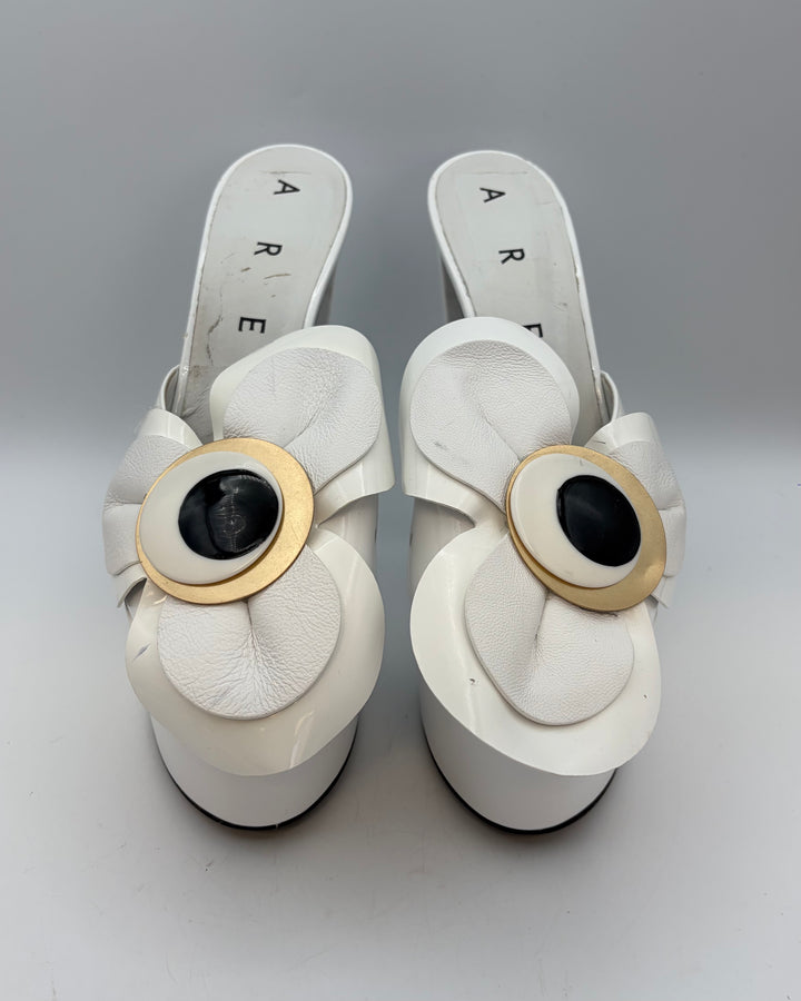 White Statement Eye & Flower Platform Heels - Size 40