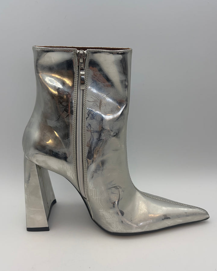Silver Metallic Leather Pointed Toe Booties - Size 38 and 40