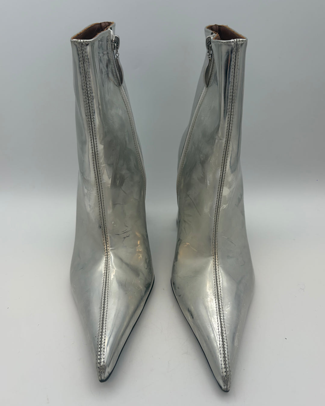 Silver Metallic Leather Pointed Toe Booties - Size 38 and 40