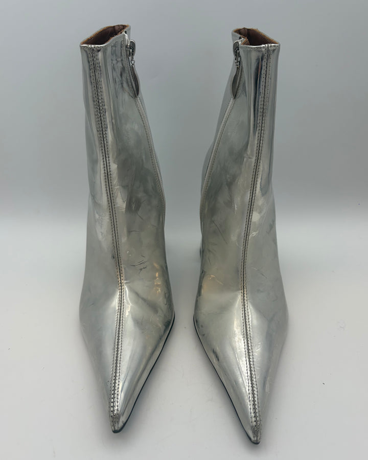Silver Metallic Leather Pointed Toe Booties - Size 38 and 40