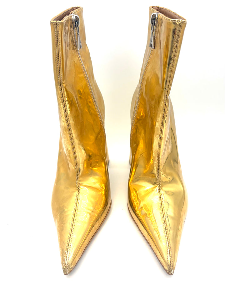 Gold Metallic Leather Pointed Toe Booties - Size 37