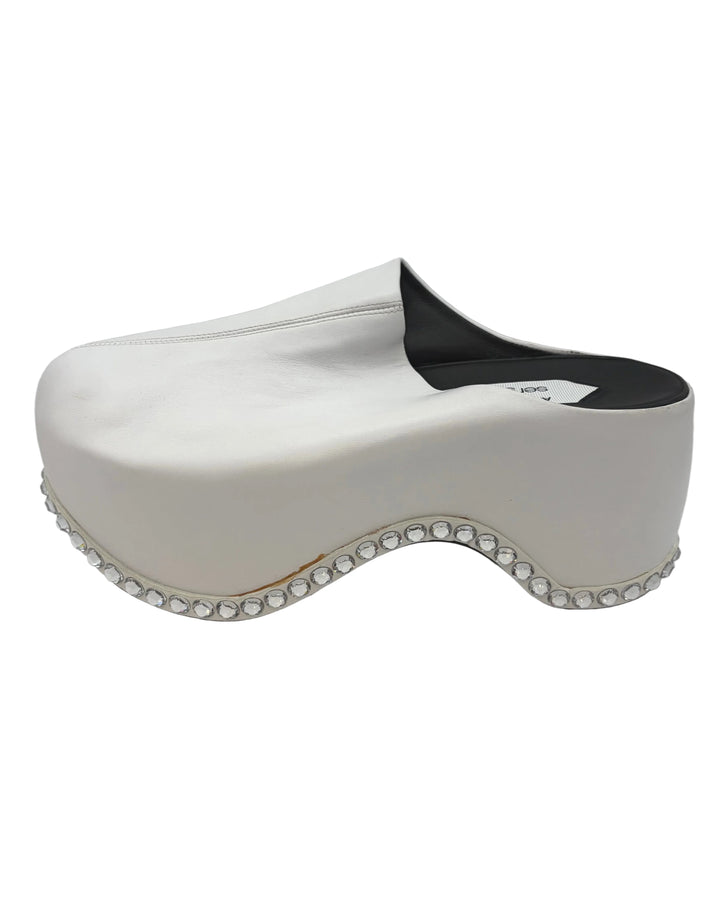 White Leather Silver Gem Slip On Clogs - Size 39