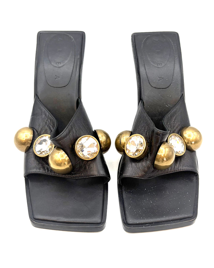 Black Bold Gem Square Toe Heels - Size 40
