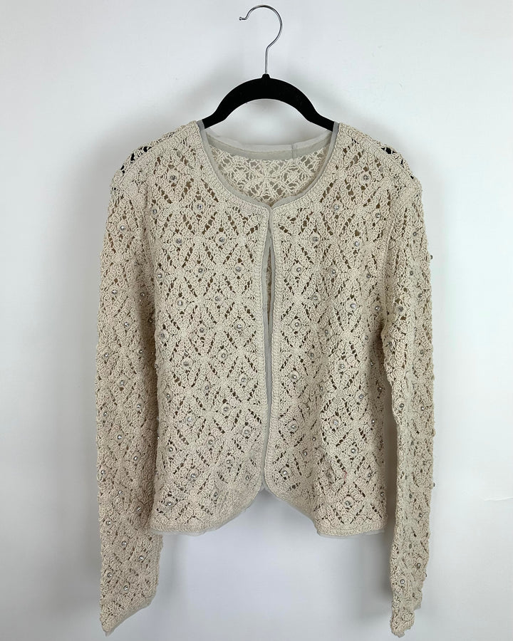 Beige Crochet Cardigan With Rhinestones - Size 4/6