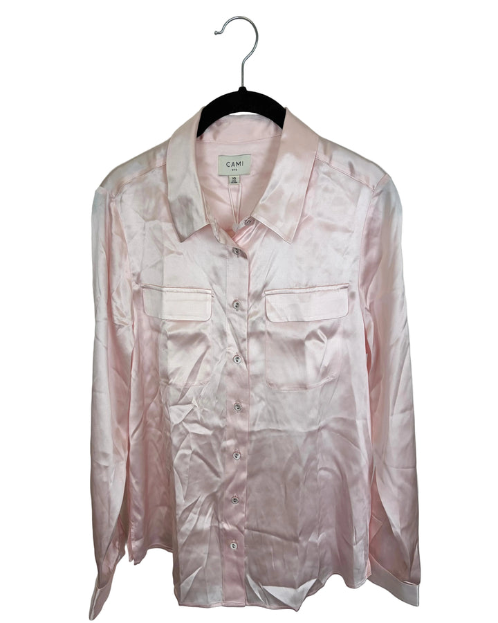 Soft Pink Collared Silk Button-Up Shirt - Size 6/8, 8/10, 10/12