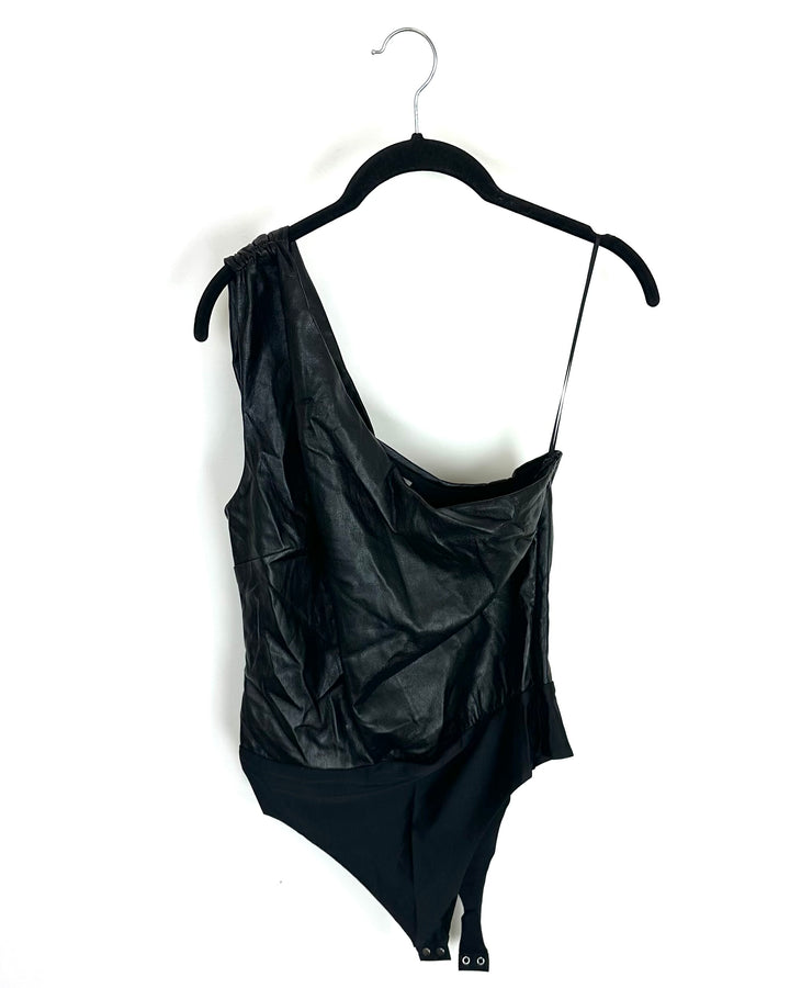 Black Faux Leather One Shoulder Bodysuit - Size 4/6