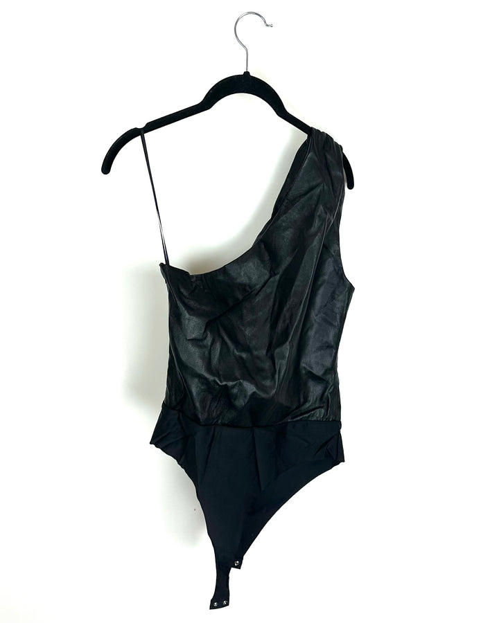 Black Faux Leather One Shoulder Bodysuit - Size 4/6
