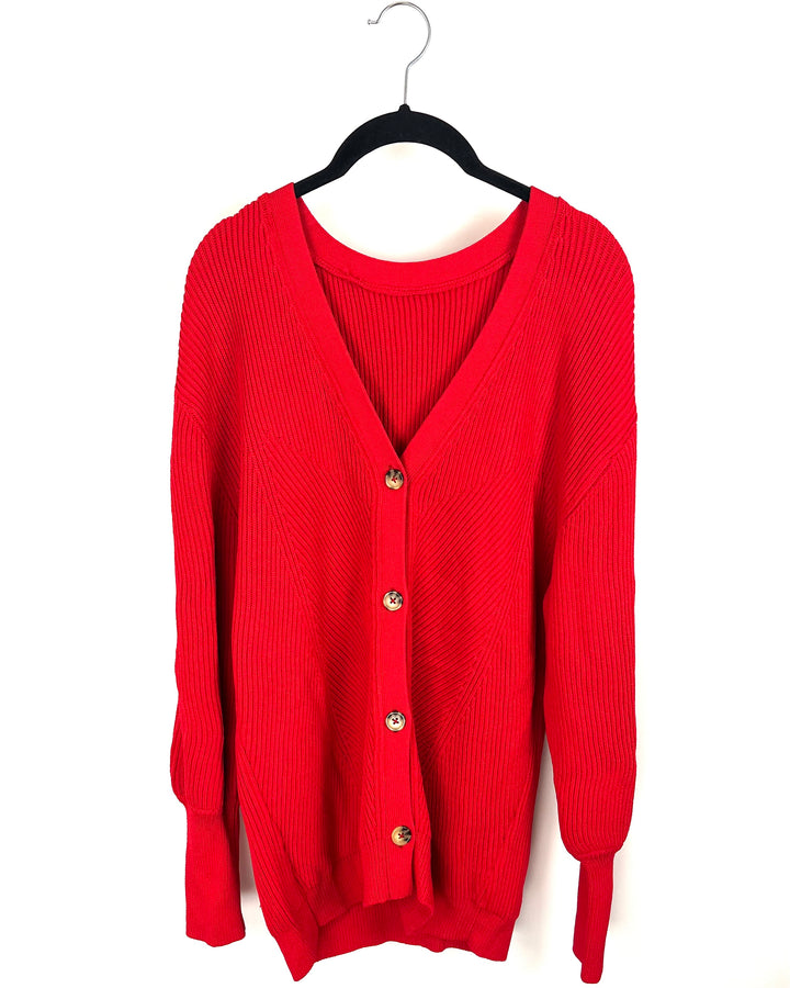 Bright Red Cardigan With Brown Buttons - Size 4/6