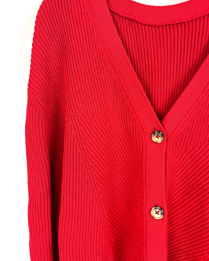 Bright Red Cardigan With Brown Buttons - Size 4/6