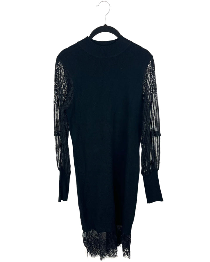 Black Turtleneck Sweater Dress With Lace Sleeves - Size 2/4