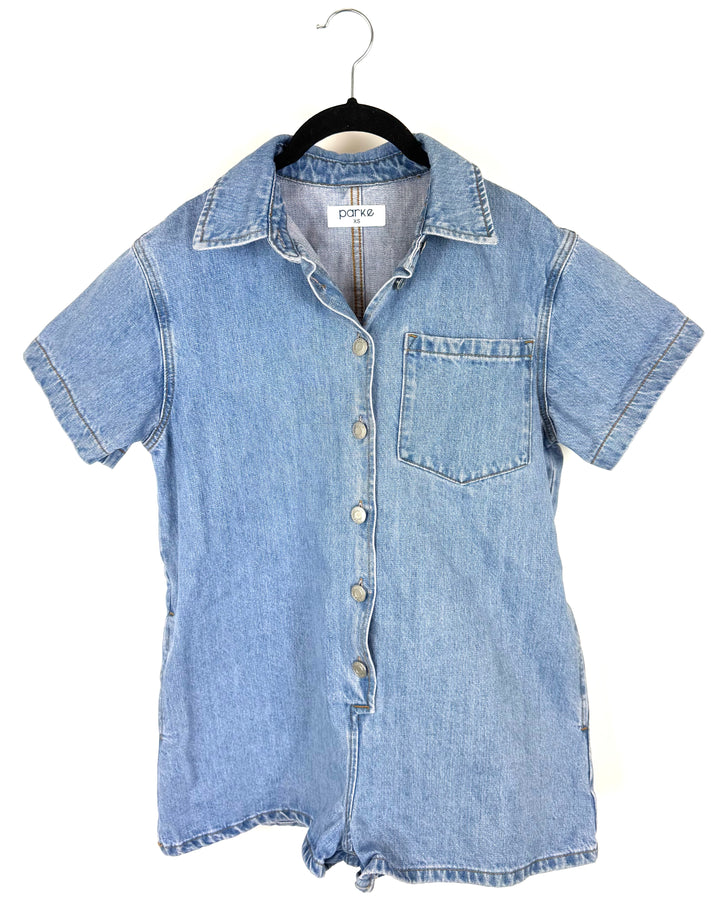 Light Wash Short Sleeve Blue Denim Romper - Small and Large