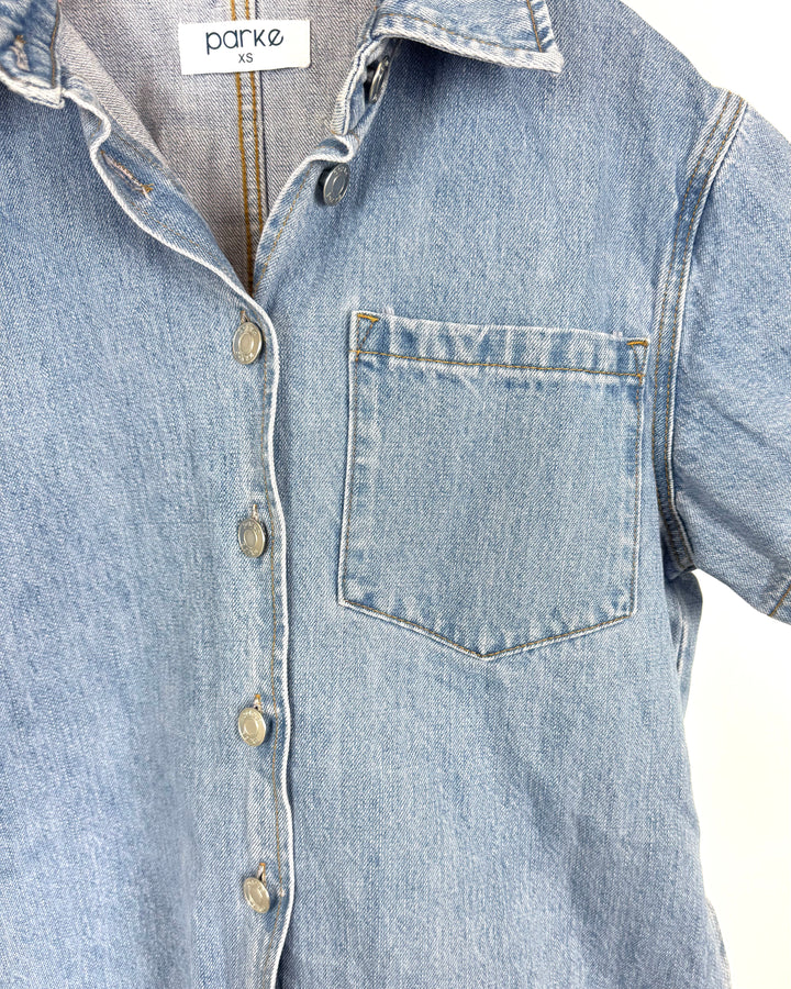 Light Wash Short Sleeve Blue Denim Romper - Small and Large