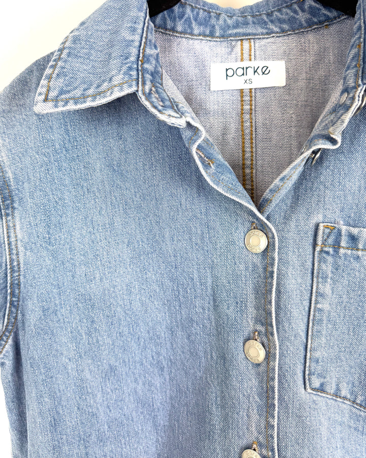 Light Wash Short Sleeve Blue Denim Romper - Small and Large