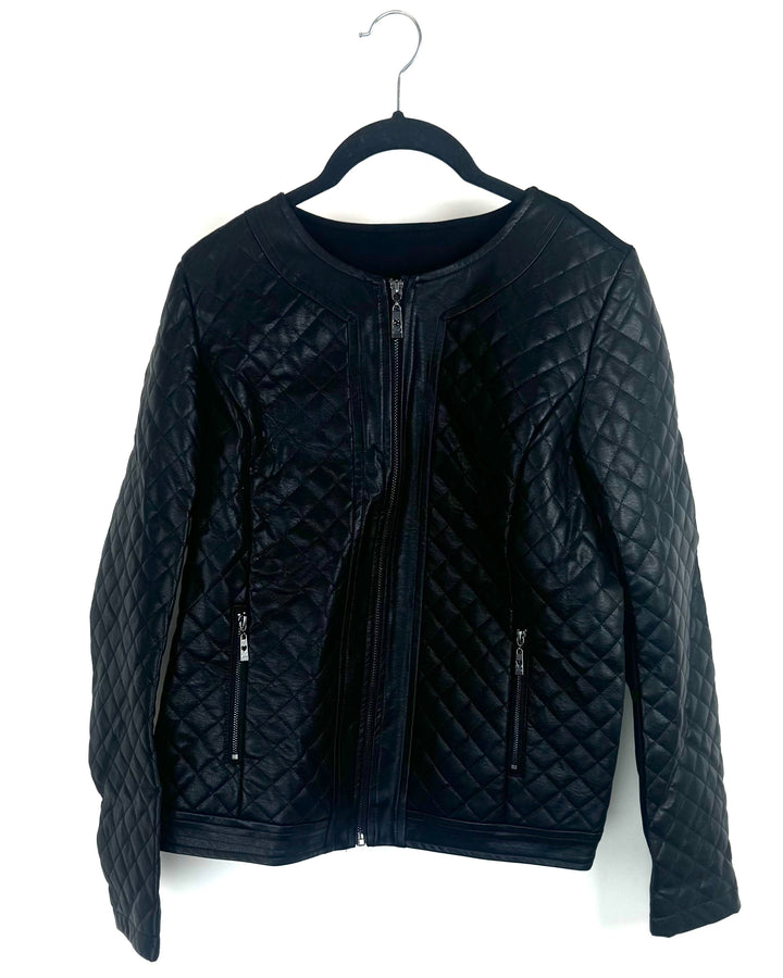 Black Faux Leather Quilted Jacket - Size 6/8