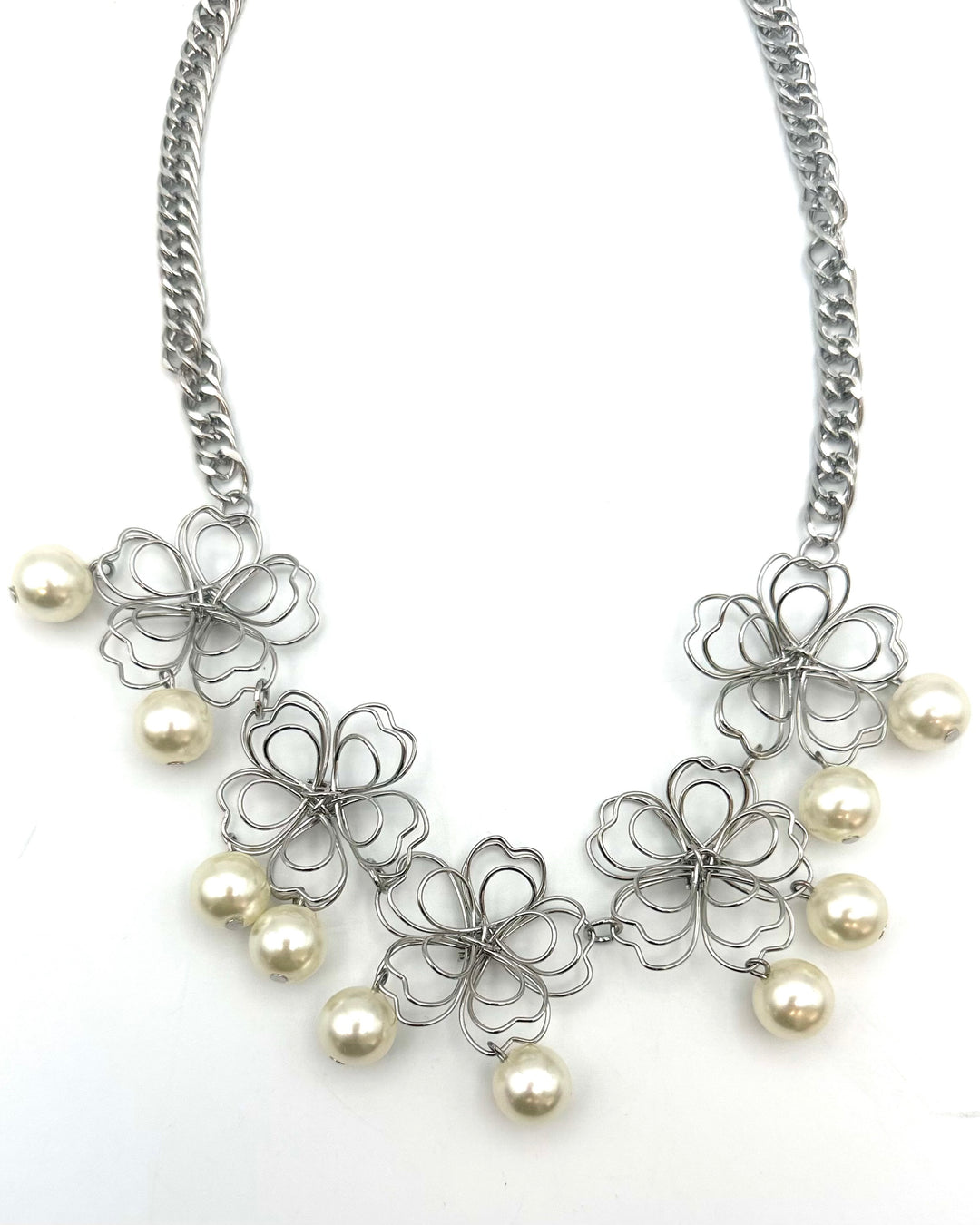 Silver Floral Pearl Statement Necklace