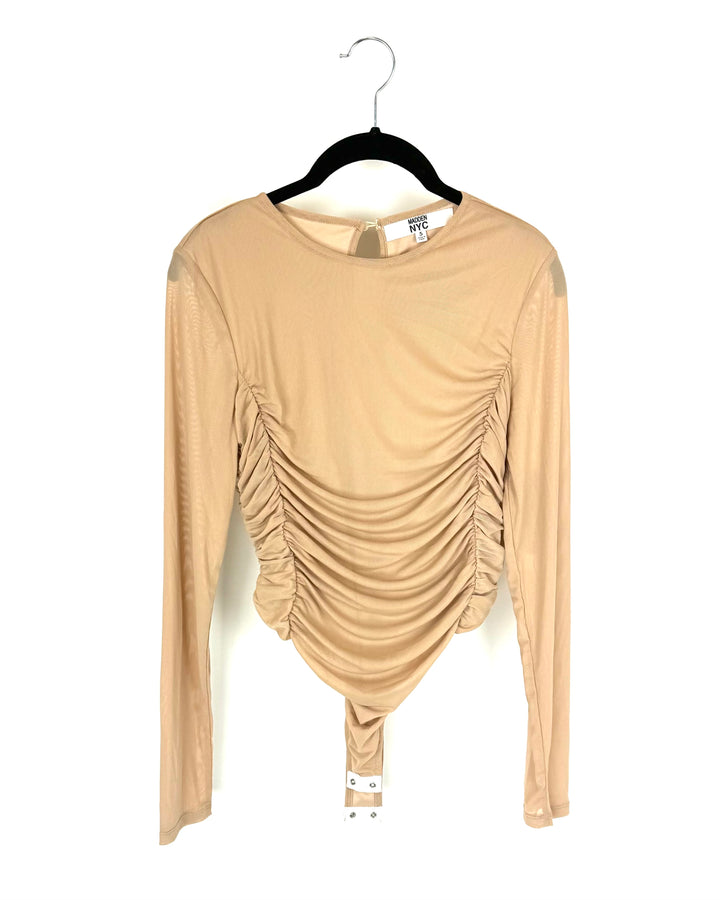 Tan Ruched Long Sleeve Bodysuit - Size 0/2