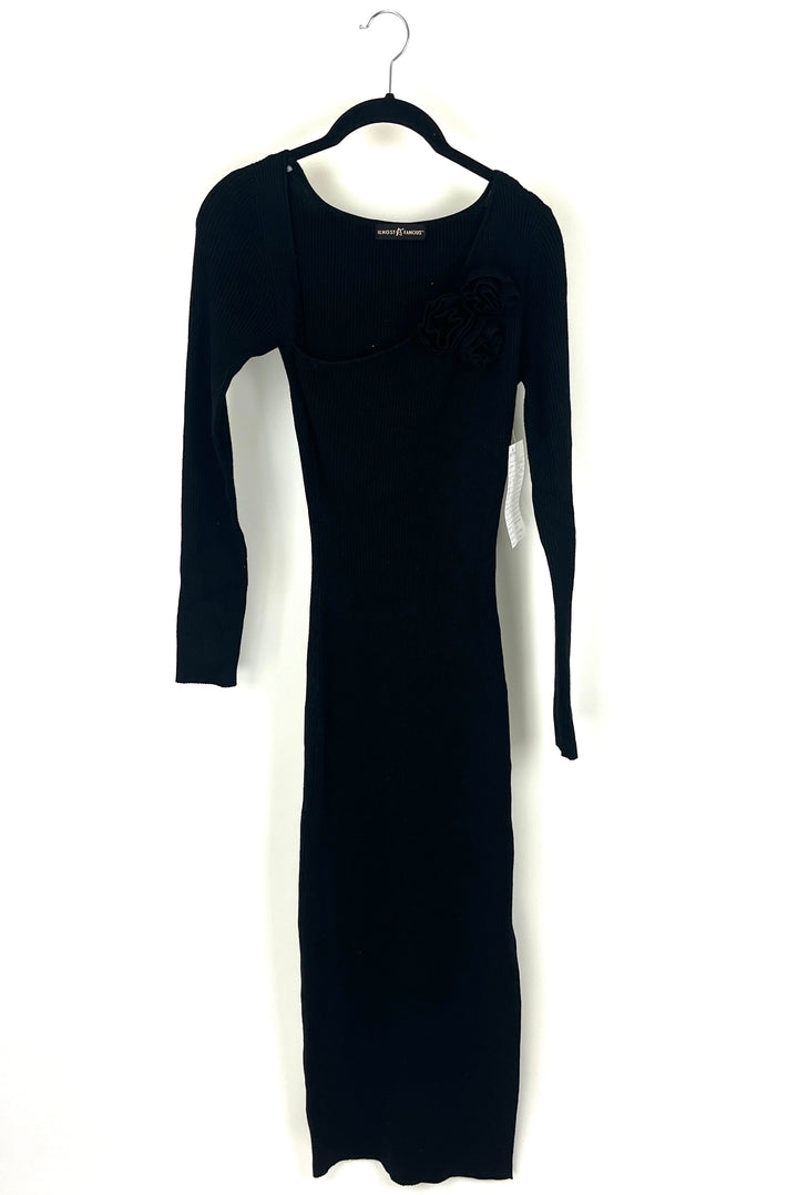 Black Long Sleeve Dress with Asymmetrical Neckline - Small