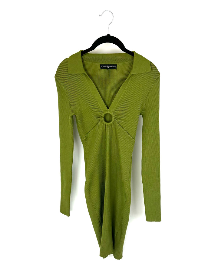 Olive Green Ribbed Dress With Ring Linked Cutout - Size 0/2