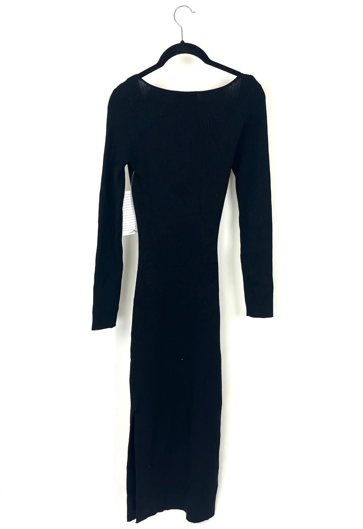 Black Long Sleeve Dress with Asymmetrical Neckline - Small
