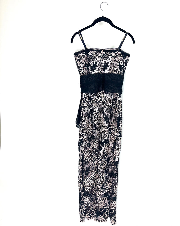 Pink and Black Floral Lace Maxi Dress - Size 4
