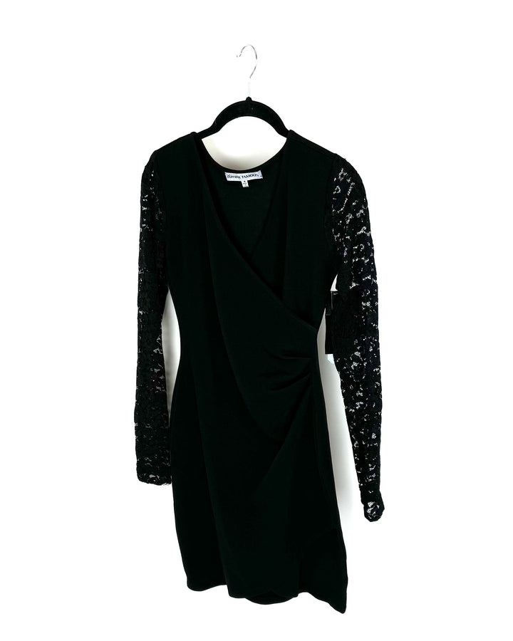 Black Cross Wrap Dress With Laced Long Sleeves - Size 4/6