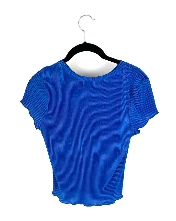 Dark Ocean Blue Short Sleeve Plissé Top - Size 2/4