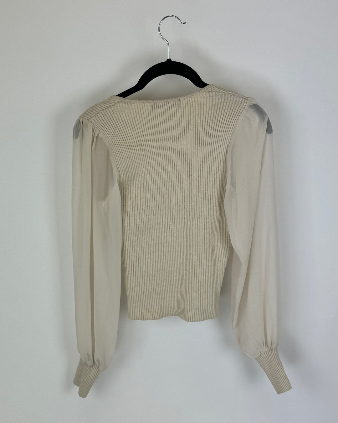 Tan V-Neck Cross Wrap Shirt with Mesh Long Sleeves -Size 2/4