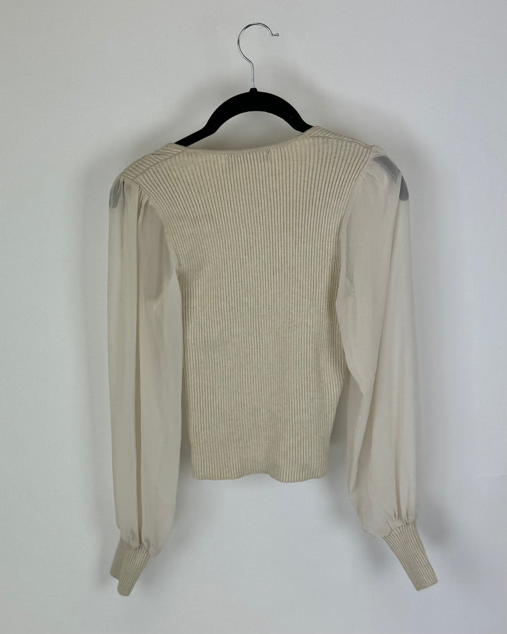 Tan V-Neck Cross Wrap Shirt with Mesh Long Sleeves -Size 2/4