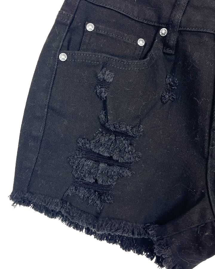 High Rise Black Distressed Denim Shorts - Size 0/2 and 2/4