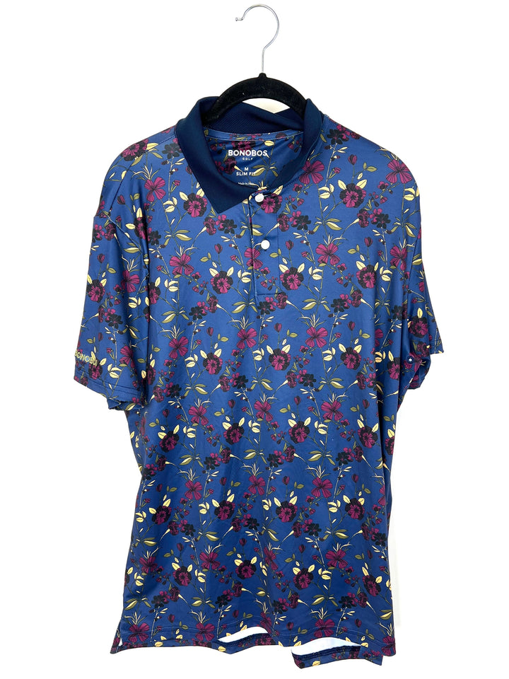 MENS Navy Floral Golf Shirt - Slim Medium