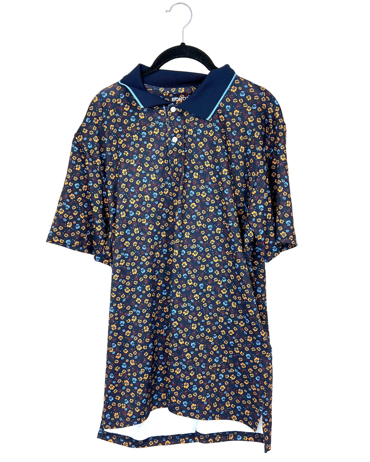 MENS Blue, Yellow, & Red Floral Printed Golf Shirt - Slim Fit Medium & Slim Fit Large