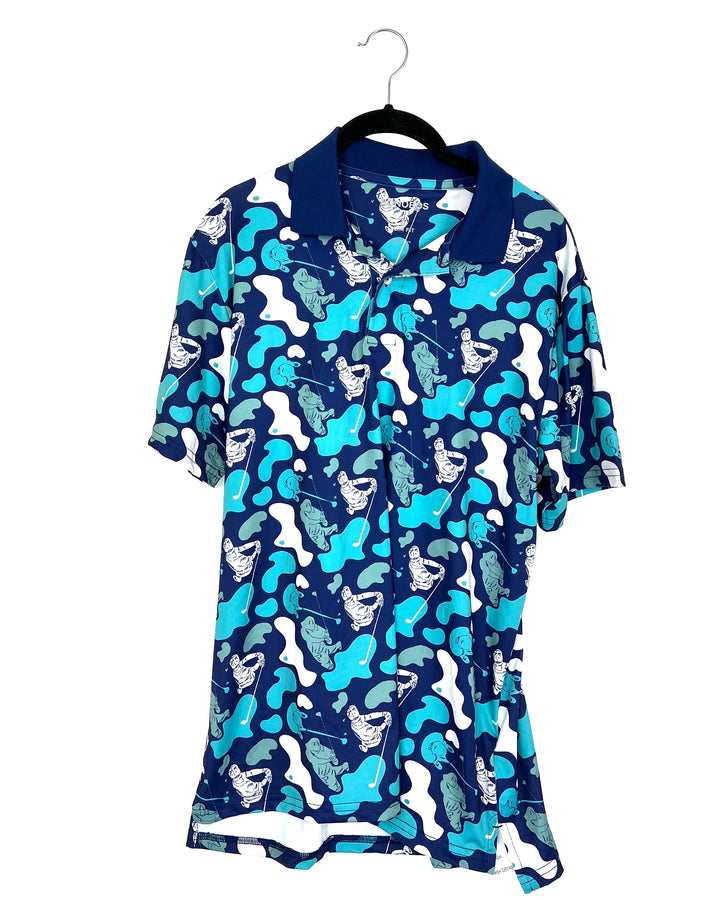 MENS Dark Blue Golf Patterned Golf Shirt - Slim Medium