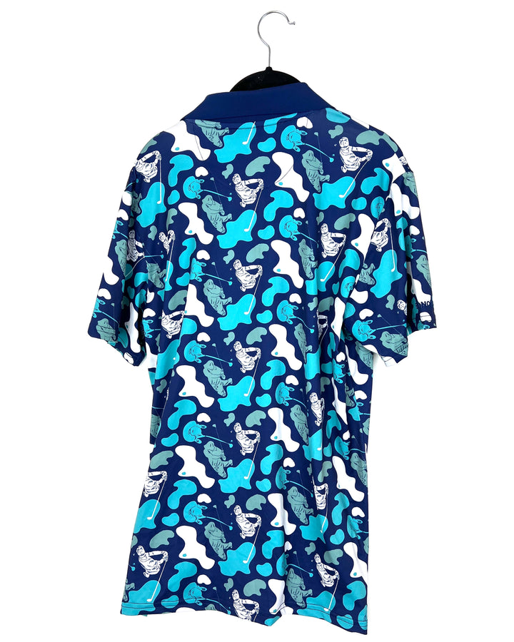 MENS Dark Blue Golf Patterned Golf Shirt - Slim Medium