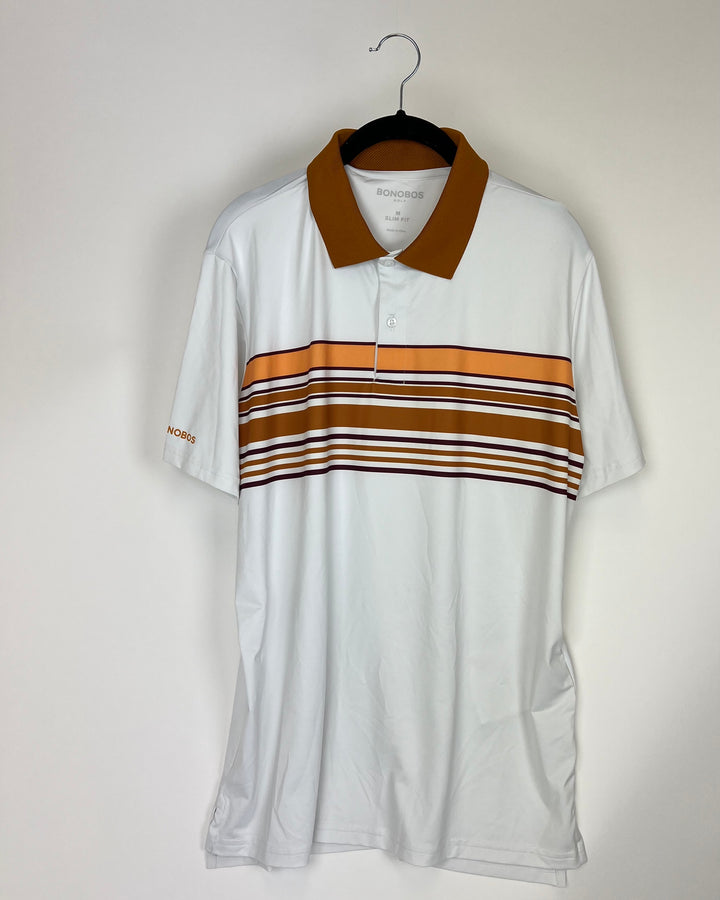 MENS White Golf Shirt with Gold and Burgundy Stripes -  Slim Large