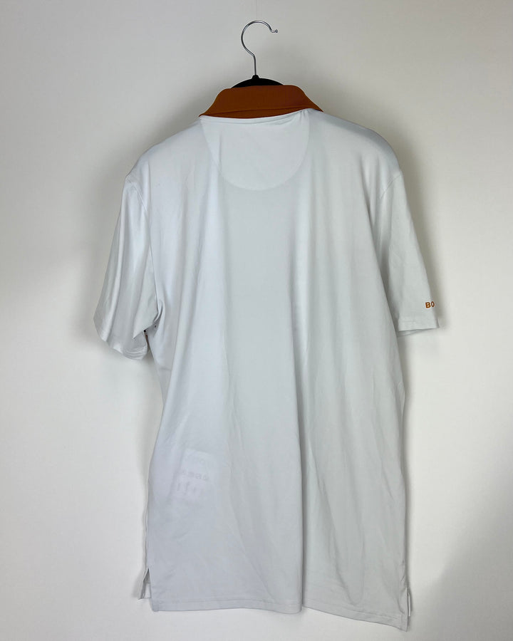 MENS White Golf Shirt with Gold and Burgundy Stripes -  Slim Large