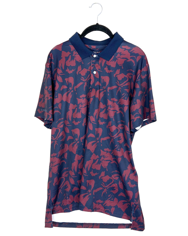 MENS Navy Blue & Dark Red Hawaiian Printed Golf Shirt - Slim Medium & Slim Large