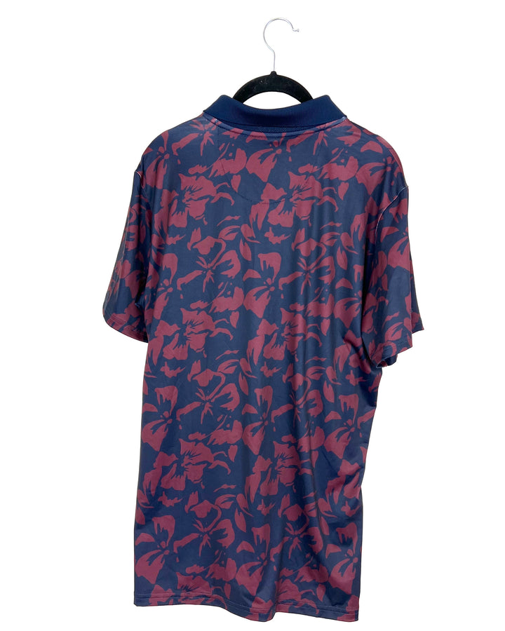 MENS Navy Blue & Dark Red Hawaiian Printed Golf Shirt - Slim Medium & Slim Large