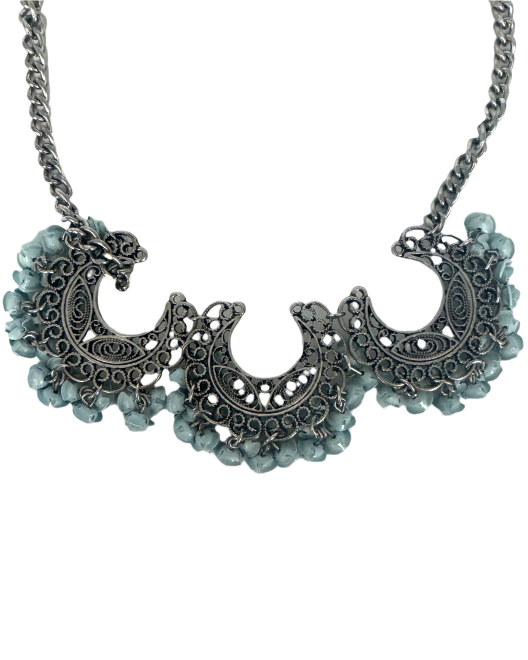 Silver And Blue Flower Statement Necklace