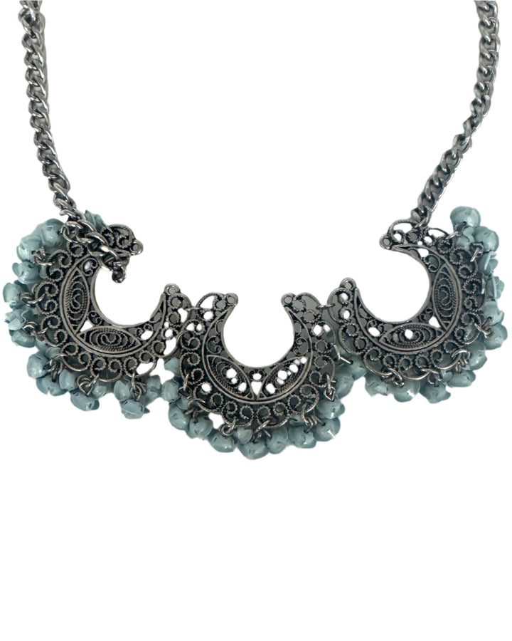 Silver And Blue Flower Statement Necklace