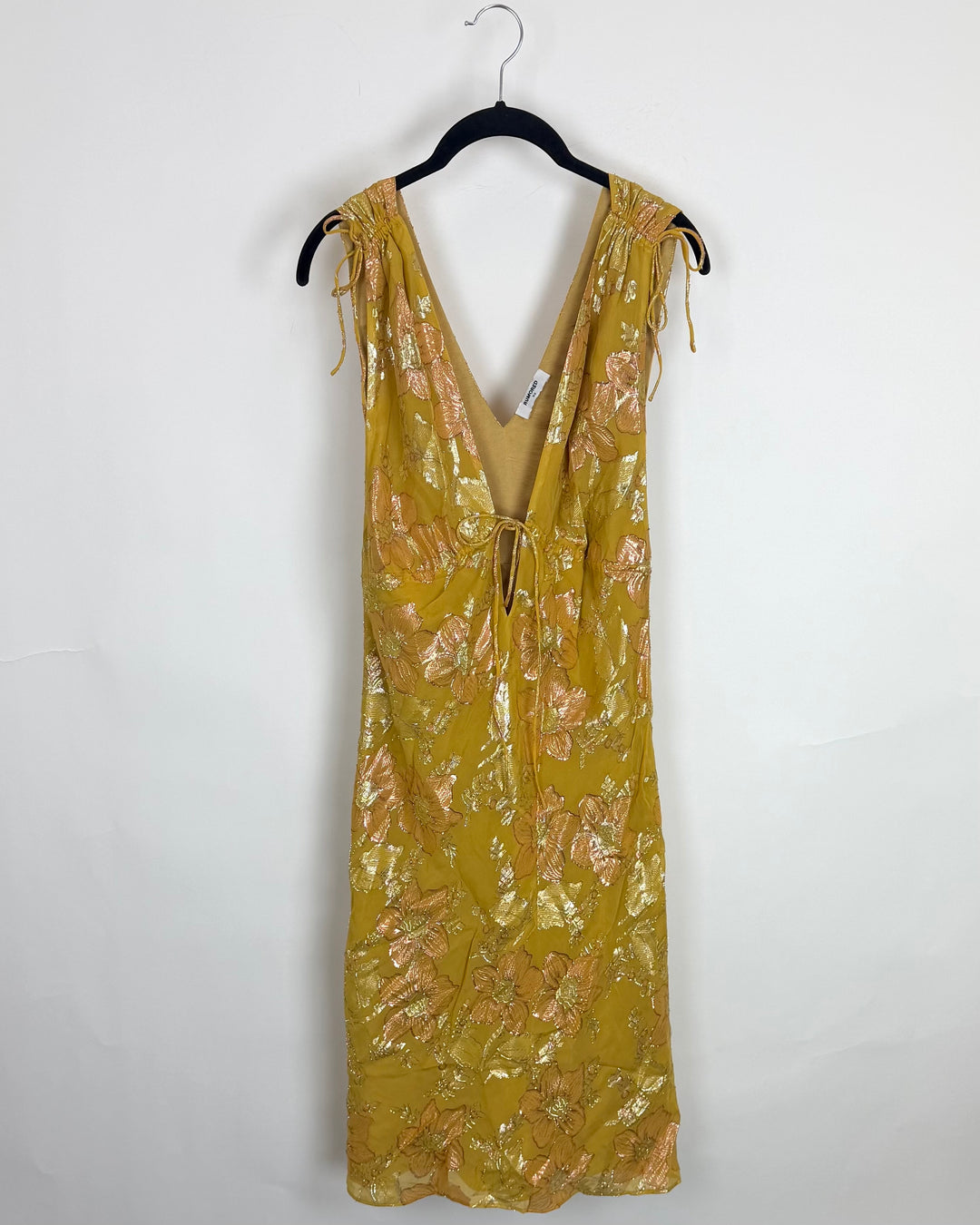 Burnt yellow metallic floral midi dress - Size 4/6