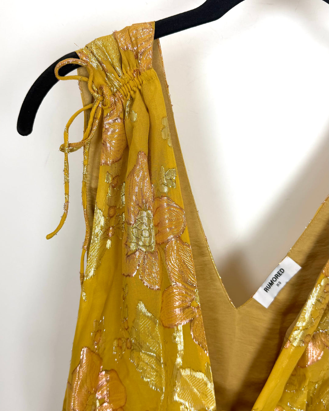 Burnt yellow metallic floral midi dress - Size 4/6
