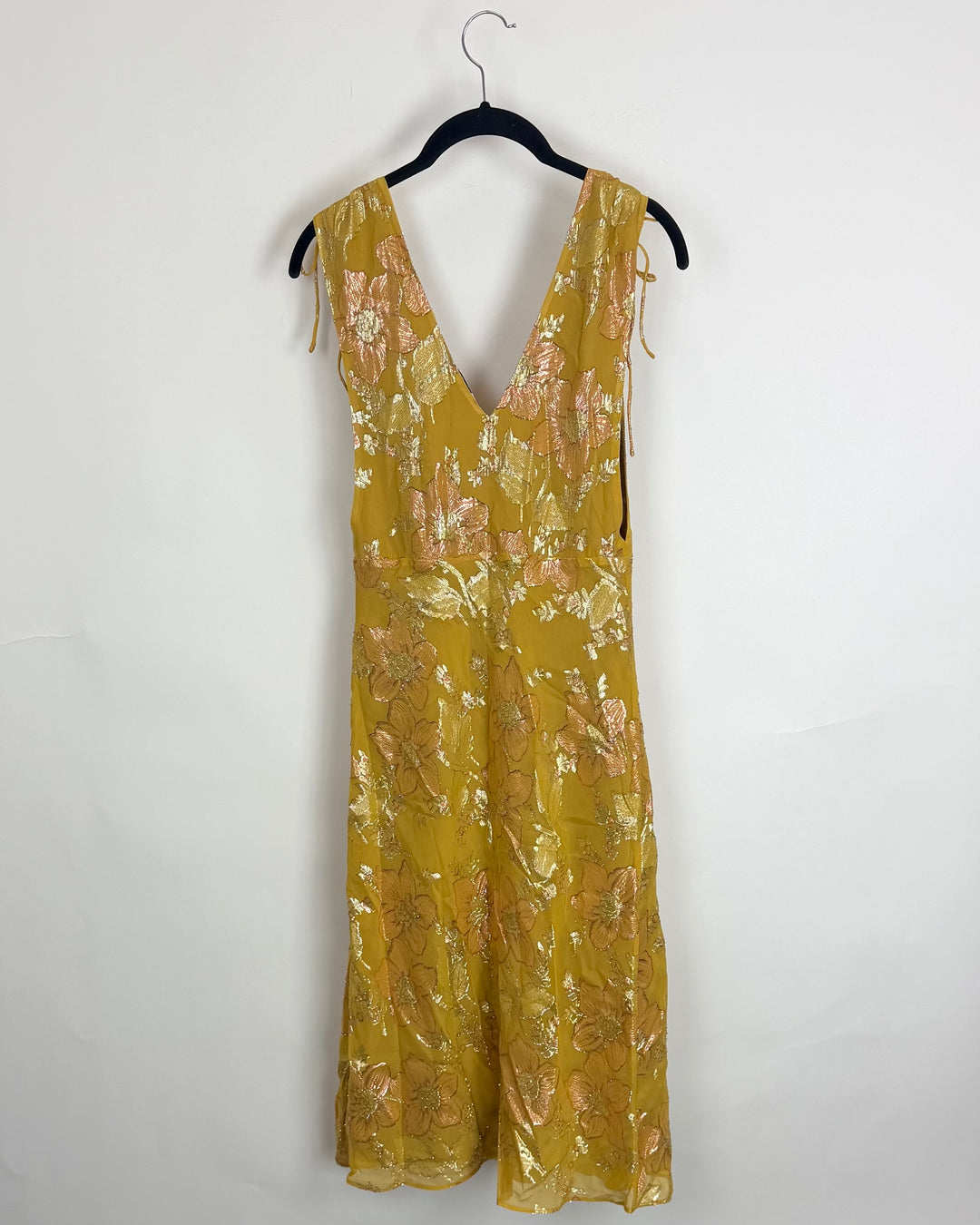 Burnt yellow metallic floral midi dress - Size 4/6