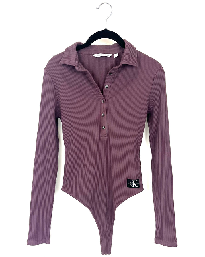Ribbed Purple Long Sleeve Body Suit - Small